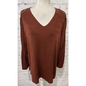 Chico's Travelers Brown Top Womens Gold Hardware Shoulder Tunic Chicos 3/XL/16